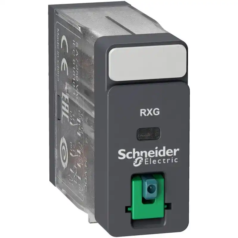 SCHNEIDER RXG21JD Relé Zelio RXG, 2 V/Z, 5 A, 12 V DC, testovací tlačítko Ruční Výroba