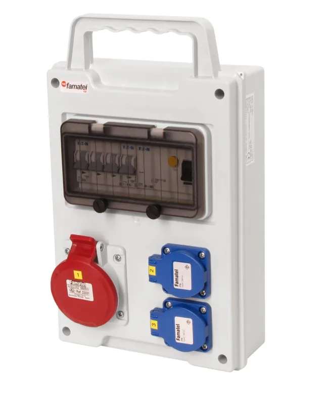 FAMATEL eb165 EB 201000.1 /8M Zásuvková skříň 2x230V+1x400V 16A 5p jištěná s chr.40/4/003,přenosná Nejlepší Volba