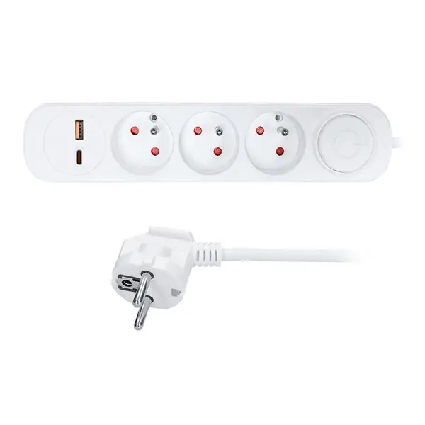Koupit Online Prodlužovací přívod s vypínačem, 3x zásuvka, 2xUSB A+C 20W PD, 2m