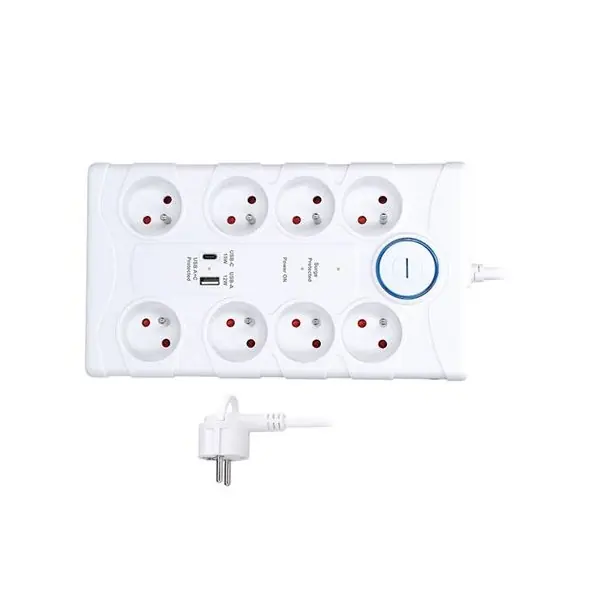 Prodlužovací kabel s přepěťovou ochranou 2m, 370J, 8 zásuvek, USB A+C, bílý Autentický