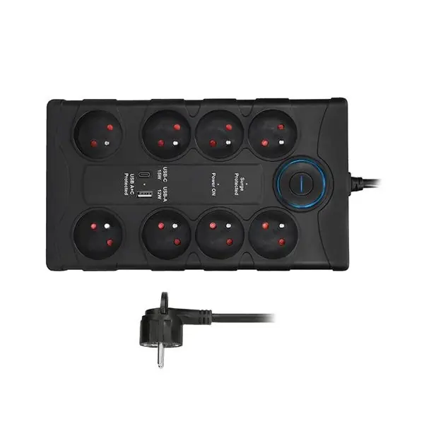 Autentický Prodlužovací kabel s přepěťovou ochranou 2m, 370J, 8 zásuvek, USB A+C, černý