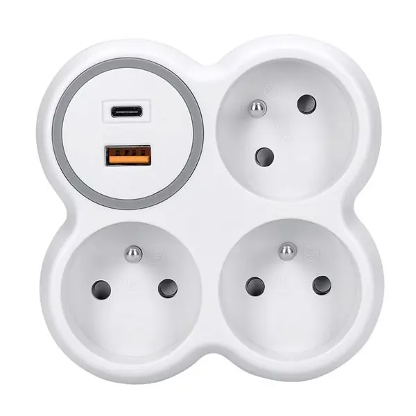 Rozbočka 3x16A + USB nabíječka A+C rychlonabíječka 20W PD, bílá Luxusní