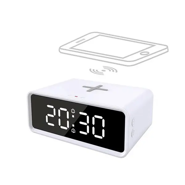 Ruční Výroba Digitální hodiny s Qi bezdrátovou nabíječkou 15W, budík, teplota, bílá
