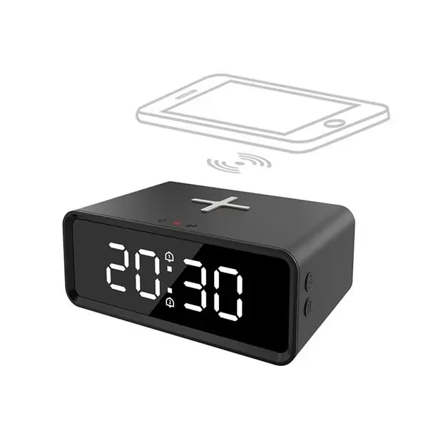 Koupit Online Digitální hodiny s Qi bezdrátovou nabíječkou 15W, budík, teplota, černá