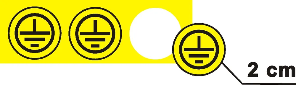 Zlevněný Samolepka DT012C Znak uzemnění v kruhu prům. 2cm- žlutý podklad, černý tisk