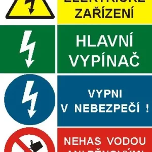 Samolepka STA A6 Pozor! Elektr.zařízení, Hl. vypínač, Vypni v nebezpečí! Nehas vodou ani pěn.přístr. Kup Teď